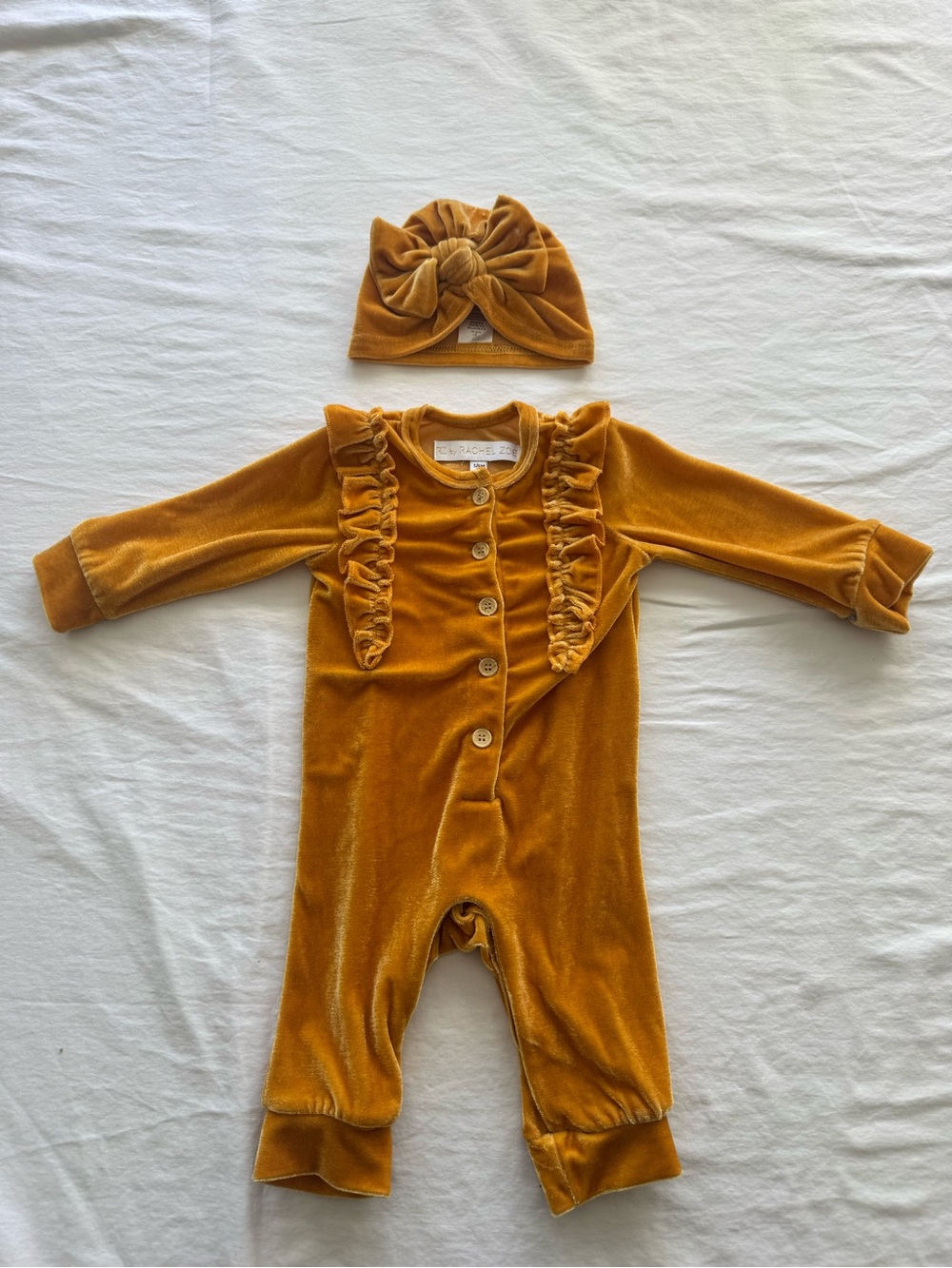 Rachel Zoe Velvet Ruffle One-Piece with Knot Hat - Mustard Gold